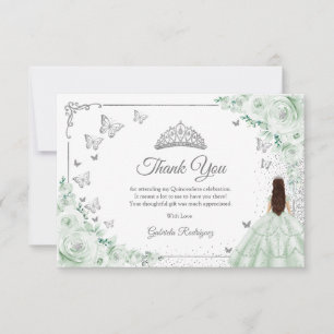 Chic Sage Green Roses Silver Quinceanera Thank You Card