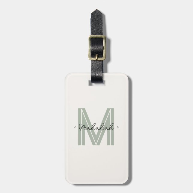 Chic Sage Green Script Monogram Luggage Tag (Front Vertical)