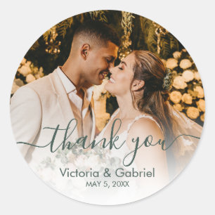 Chic Sage Green Script Wedding Photo Thank You Classic Round Sticker