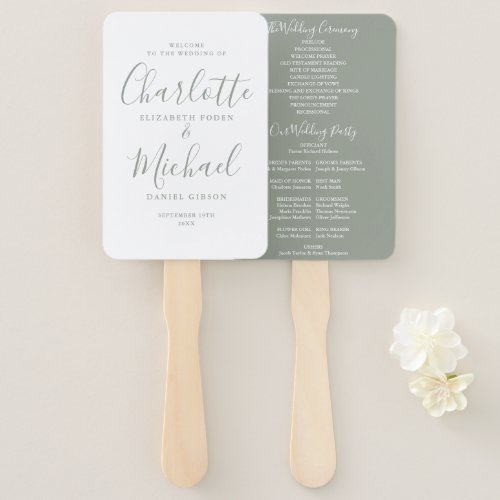 Chic Sage Green Signature Script Wedding Program Hand Fan