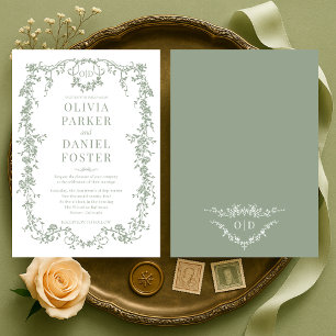 Chic Sage Green Victorian French Monogram Wedding Invitation