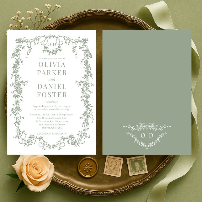 Chic Sage Green Victorian French Monogram Wedding  Invitation (Creator Uploaded)