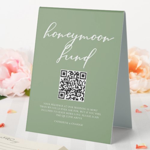 Chic Sage Green Wedding Honeymoon Fund QR Code Table Tent