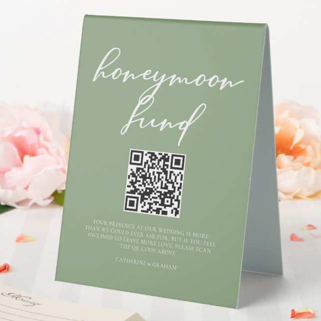 Chic Sage Green Wedding Honeymoon Fund QR Code Table Tent (In SItu (Wedding))
