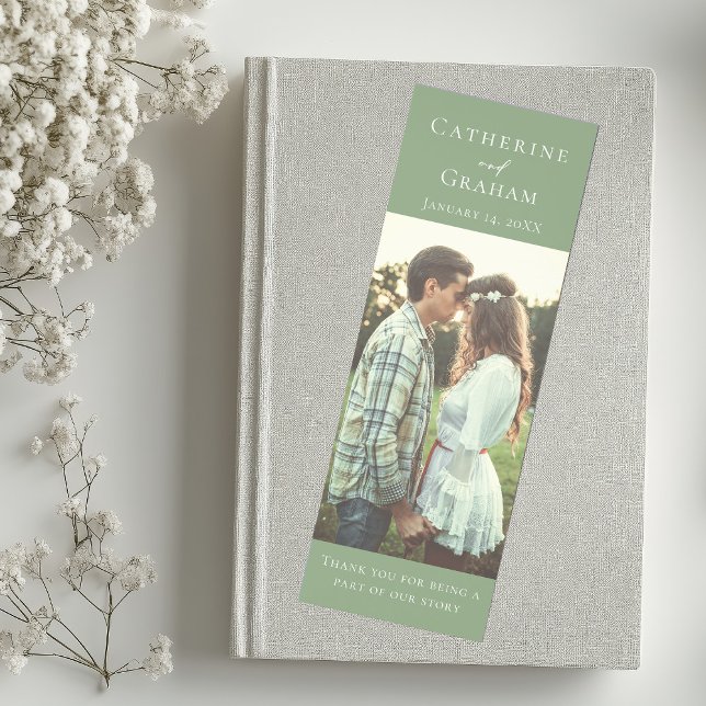 Chic Sage Green Wedding Photo Personalized Bookmarks (Creator Uploaded)