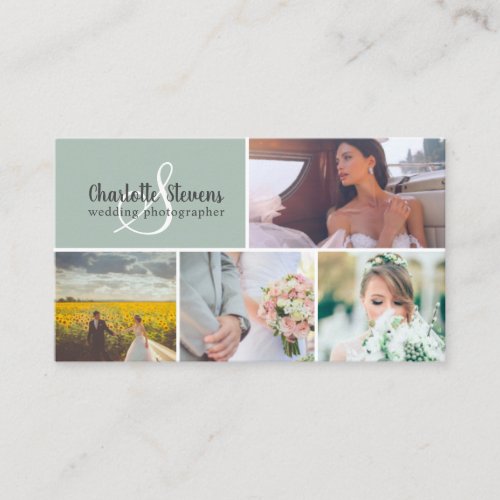 Chic sage green wedding photographer collage business card