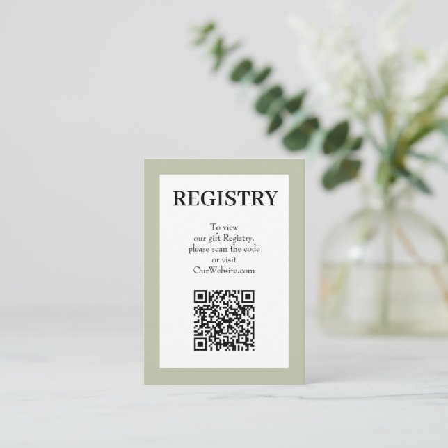 Chic Sage Green Wedding Registry QR Code Enclosure Card (Standing Front)
