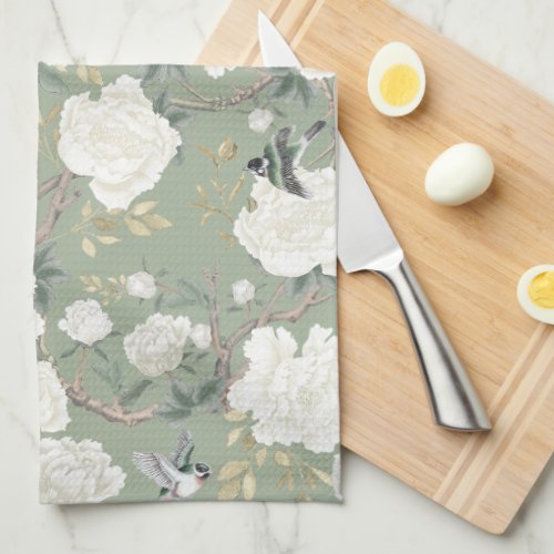 Chic Sage Green White Chinoiserie Floral Porcelain Kitchen Towel
