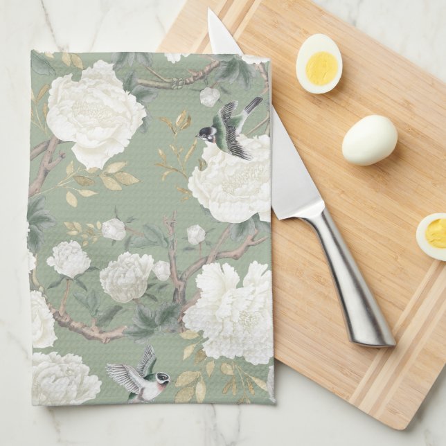Chic Sage Green White Chinoiserie Floral Porcelain Kitchen Towel (Quarter Fold)