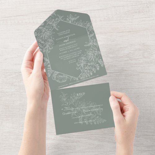 Chic Sage Green White Floral Botanical Wedding All In One Invitation