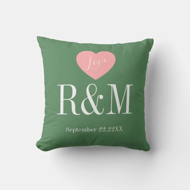 Chic sage green white monogram wedding keepaske throw pillow (Front)