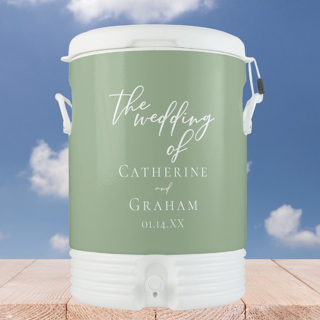 Chic Sage Green White Script Personalized Wedding Beverage Cooler (Creator Uploaded)