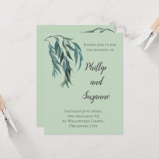 Chic Sage Green Willow Branch Minimal Wedding Invitation (Front/Back In Situ)