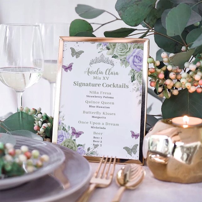 Chic Sage Purple Floral Quinceanera Bar Drink Menu Poster (Creator Uploaded)