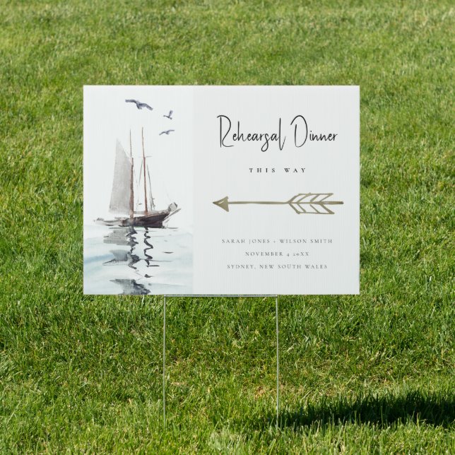 Chic Sail Yacht Rehearsal Dinner Wedding Direction Sign (Insitu)