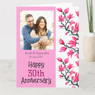 Chic Sakura Pink Blossom Floral Photo Anniversary Card