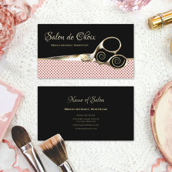 Chic Salon Pink And Black Polka Dots Gold Scissors Business Card by GirlyBusinessCards at Zazzle