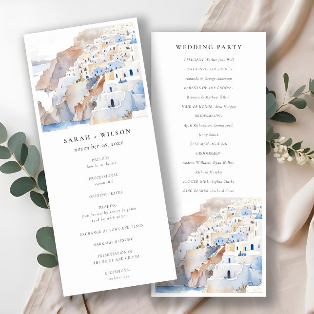 Chic Santorini Greece Watercolor Wedding Program (Creator Uploaded)