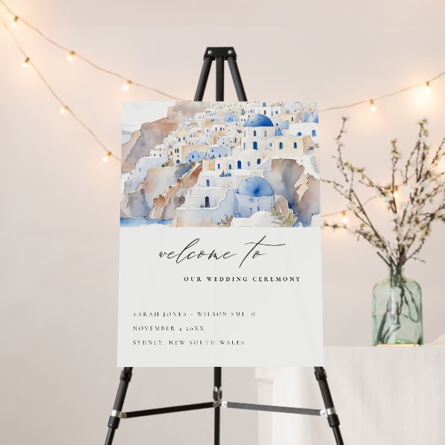 Chic Santorini Greece Watercolor Wedding Welcome Foam Board (In Situ (Stand))