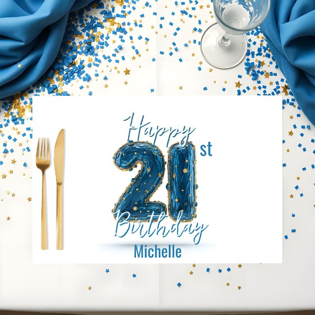 Chic Sapphire & Gold 21st Birthday Paper Placemat (Creator Uploaded)