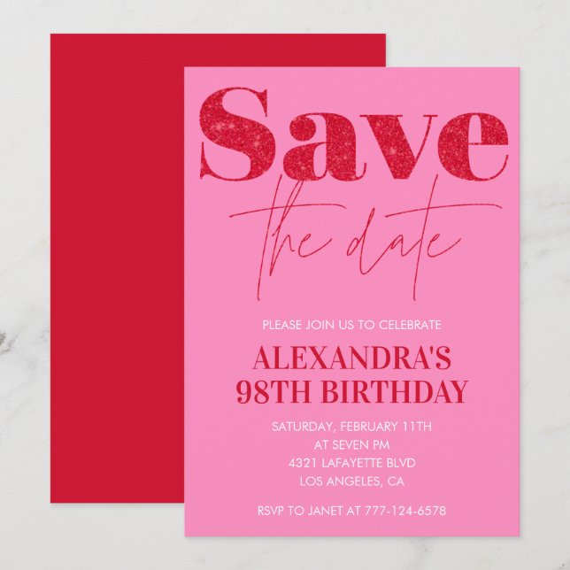 Chic Save the date Red Pink 98th birthday Invitation (Front/Back)