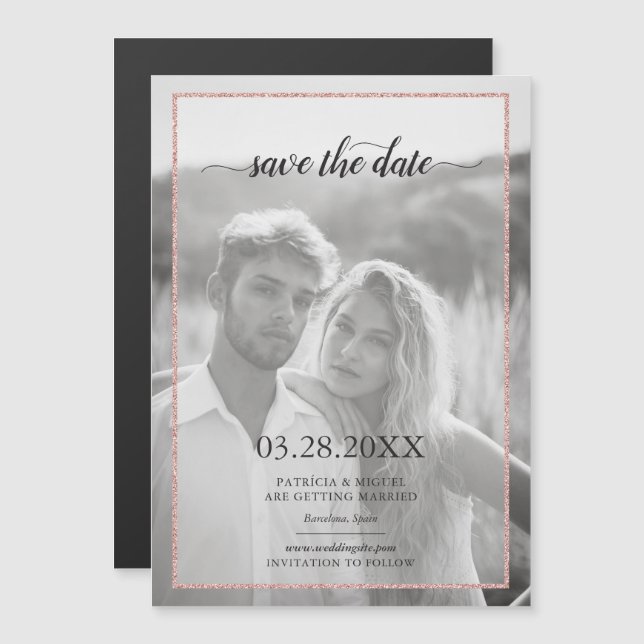 Chic Save the Date Rose Gold Glitter Look Photo Magnetic Invitation (Front/Back)