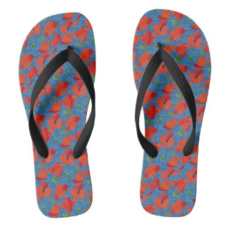 Chic Scarlet Field Poppies on Blue Background Flip Flops