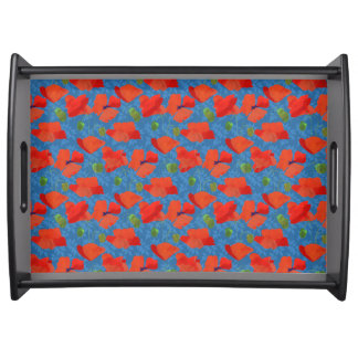 Chic Scarlet Field Poppies on Blue Serving Tray