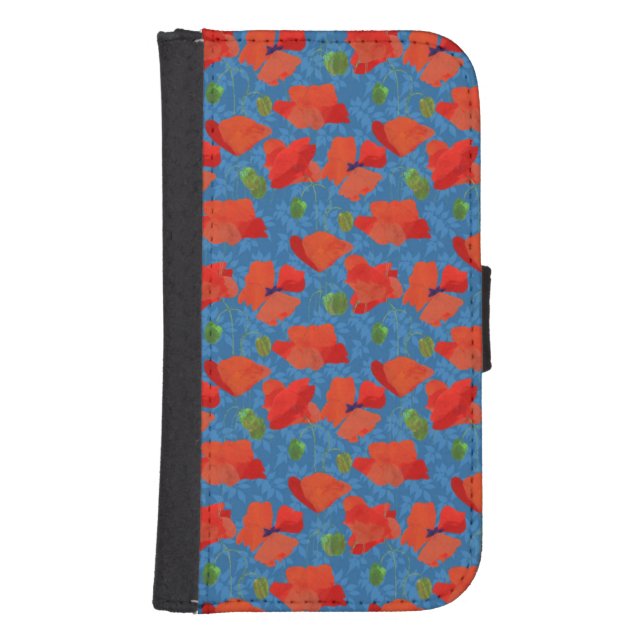 Chic Scarlet Field Poppies on Blue Wallet Case (Front)