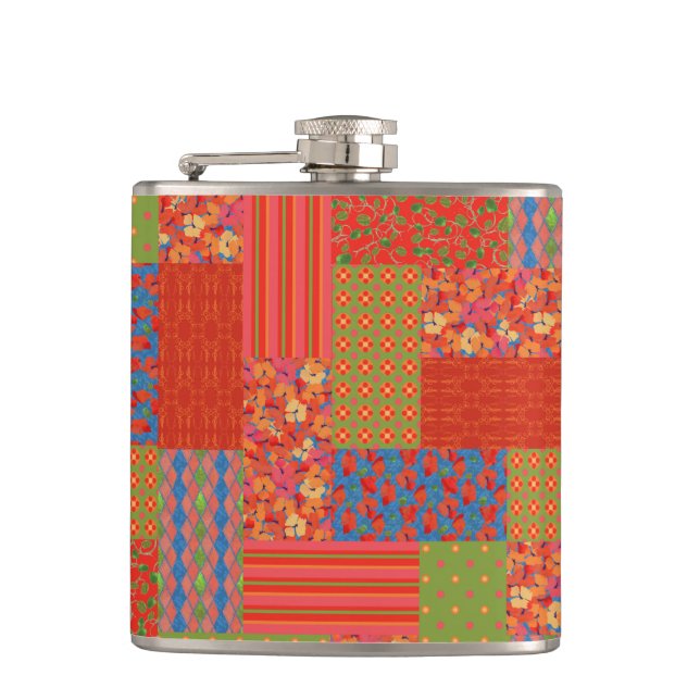 Chic Scarlet Poppies Faux-patchwork Hip Flask (Front)