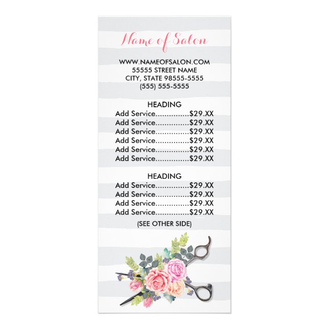 Chic Scissors Hairstylist Stripes Roses Price List Rack Card (Front)