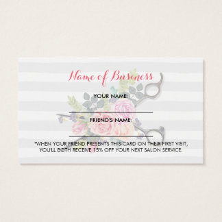 Chic Scissors Stripes and Roses Friend Referral Business Card
