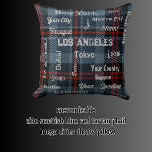 chic scottish blue red tartan plaid  & mega cities throw pillow