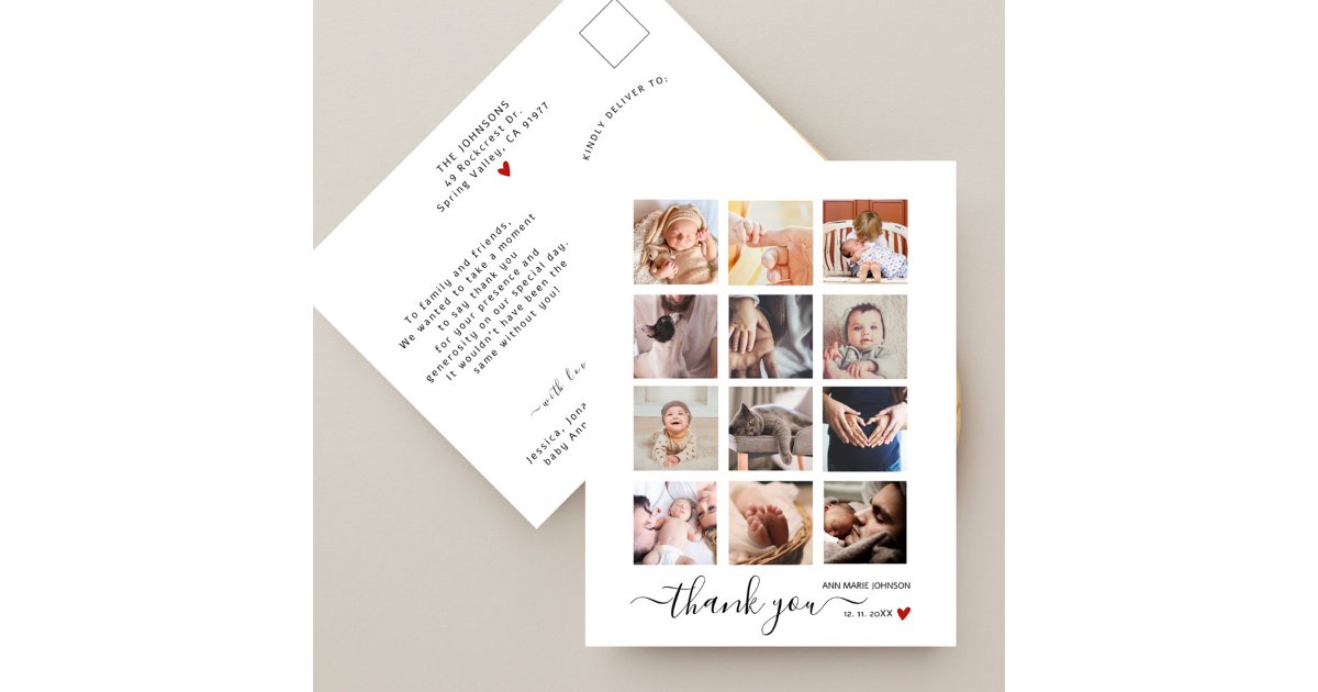 Chic Script 12 Photo Collage Baby Shower Thank You Postcard | Zazzle