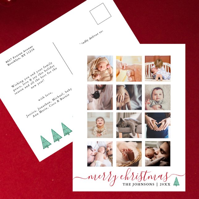 Chic Script 12 Photo Collage Elegant Christmas  Holiday Postcard (Creator Uploaded)