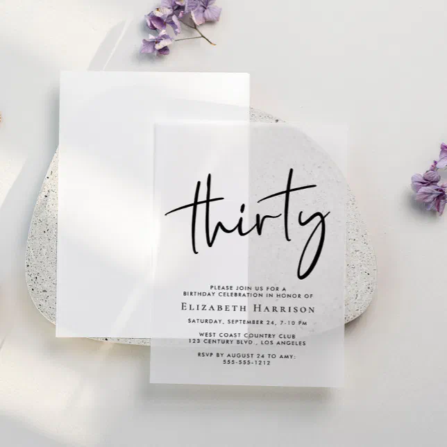 Chic Script 30th Birthday Party Vellum Invitations | Zazzle
