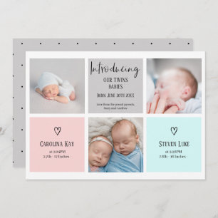 Chic script 3 photo collage baby twins birth announcement