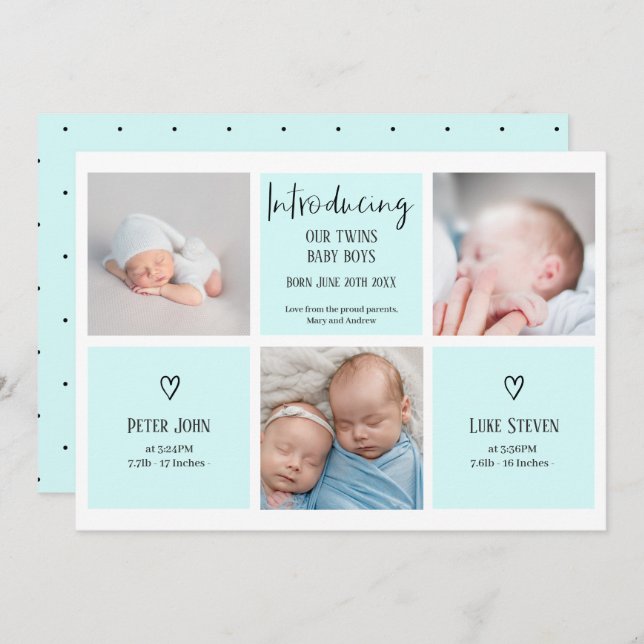 Chic script 3 photo collage blue baby twins birth announcement (Front/Back)