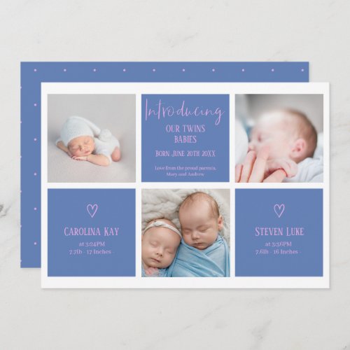 Chic script 3 photo collage blue pink baby twins announcement