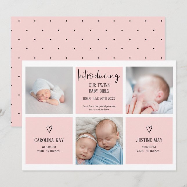 Chic script 3 photo collage pink baby twins birth announcement (Front/Back)