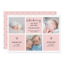 Chic script 3 photo collage pink baby twins birth announcement