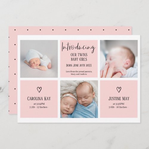 Chic script 3 photo collage pink baby twins birth announcement