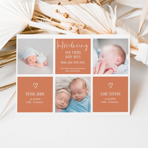Chic script 3 photo collage terracotta baby twins announcement