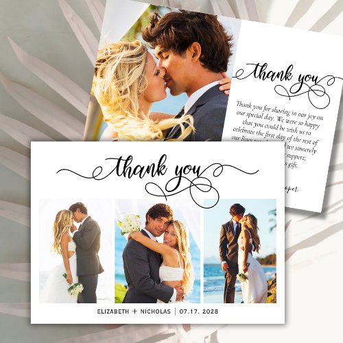 Chic Script 3 Photo Collage Wedding Thank You Card