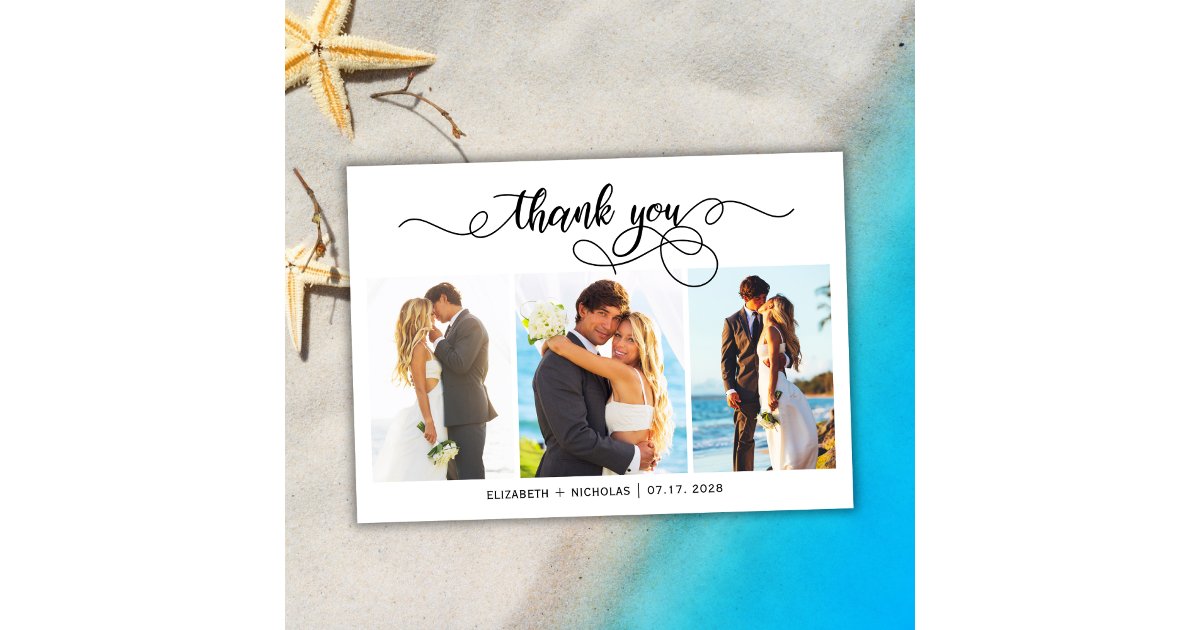 Chic Script 3 Photo Collage Wedding Thank You Card | Zazzle