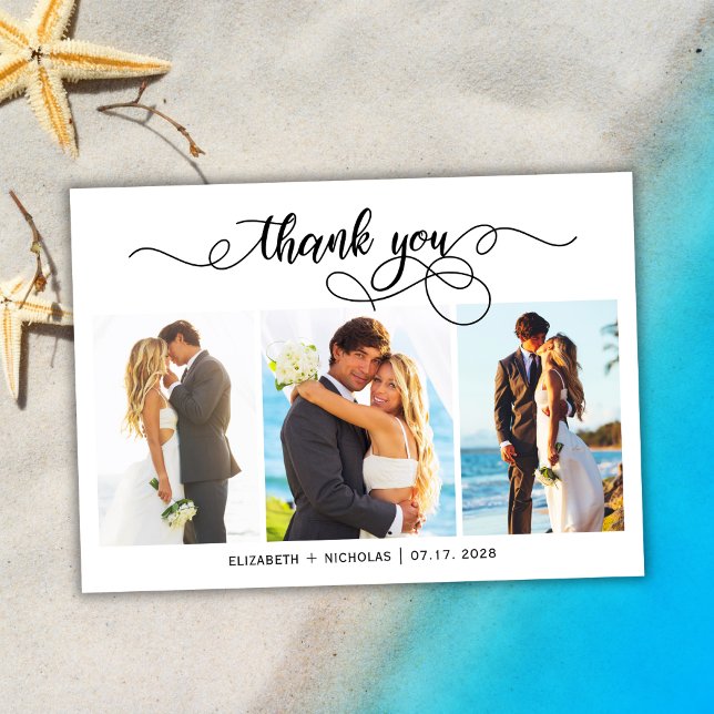 Chic Script 3 Photo Collage Wedding Thank You Card (Creator Uploaded)