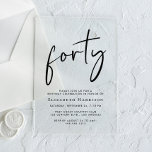 Chic Script 40th Birthday Party Acrylic Invitations<br><div class="desc">Elevate your 40th birthday party with this chic clear acrylic invitation featuring "forty" in a stylish script,  your name in elegant serif typography and the party details in simple,  modern lettering, </div>