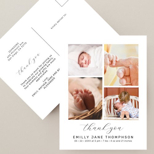 Chic Script 4 Photo Collage Baby Shower Thank You Postcard