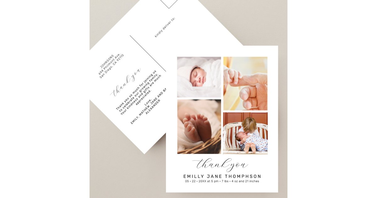 Chic Script 4 Photo Collage Baby Shower Thank You Postcard | Zazzle