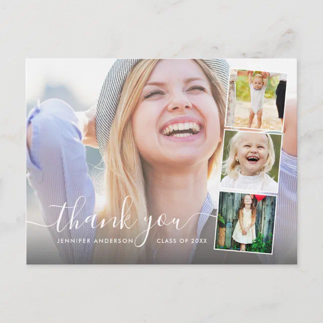 Chic Script 4 Photo Collage Graduation Thank You Postcard | Zazzle